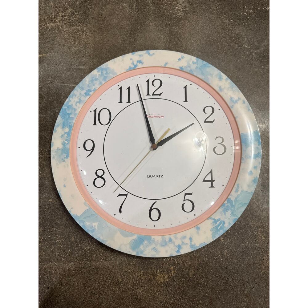 VTG Sunbeam Retro Pink Blue Floral Pastel Wall Clock 80s Works Shabby Chic 12"D